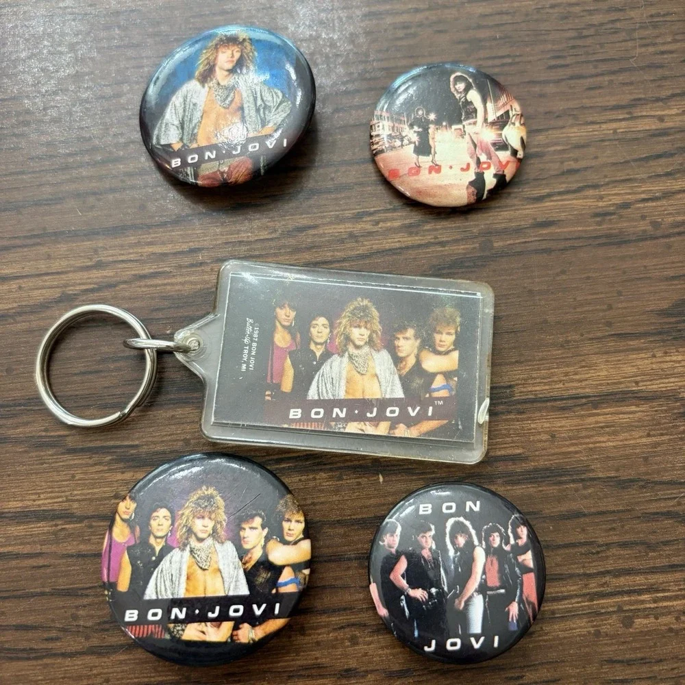 Vintage Bob Jovi Keychain & Button Lot 84-87 Hair Metal Rock Band